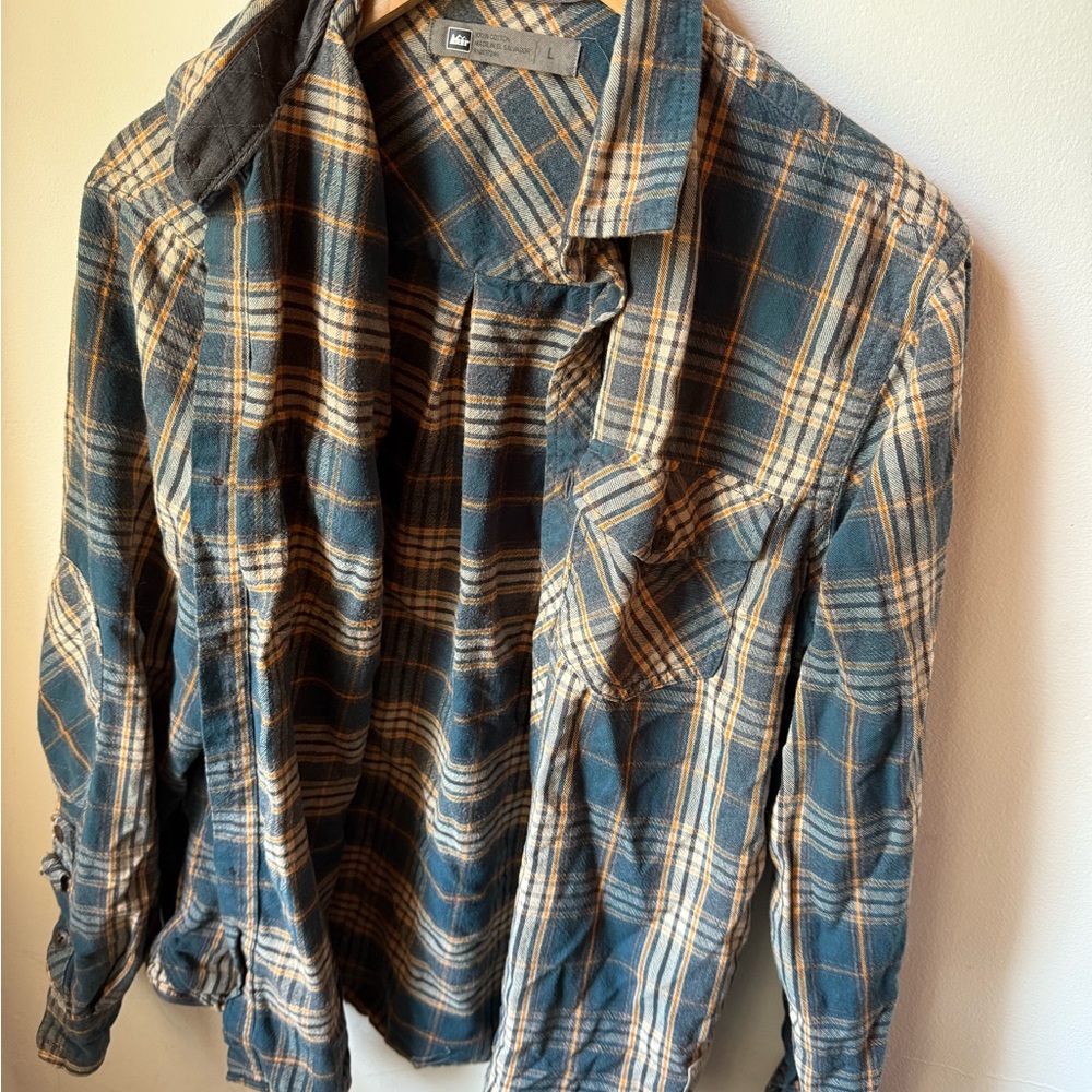 REI Plaid Flannel Shirt - Teal, Cream, and Orange